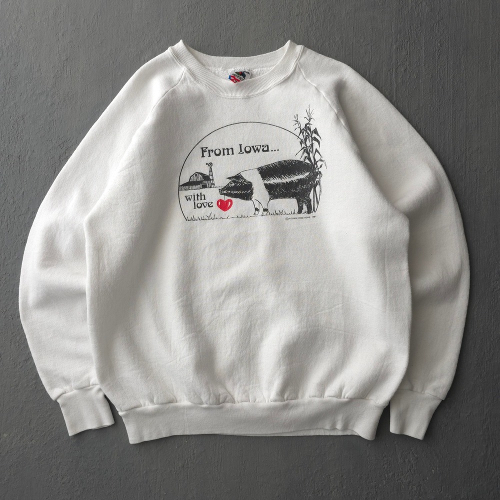 Vintage 90s Fruit of the Loom White Sweatshirt L From Iowa With Love Pig Graphic
